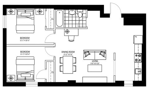 Floor plan for 2 beds, 1 bath